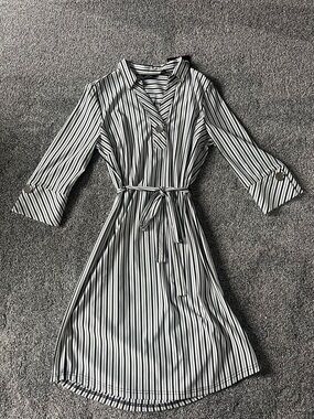 Mlle Gabrielle Black and White Striped Belted Midi Dress